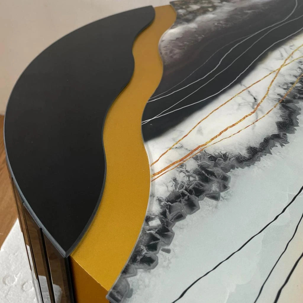 Streamdale Furniture Streamdale Black gold round mirror coffee table with marble pattern sticker side table. 3