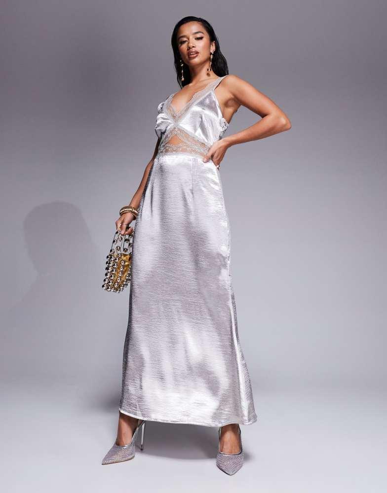 Never Fully Dressed Never Fully Dressed Petite Mimi lace cut-out slip maxi dress in silver