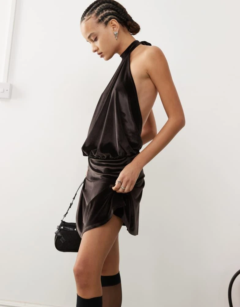 COLLUSION COLLUSION tie halter backless flippy mini dress in dark choc velvet 1