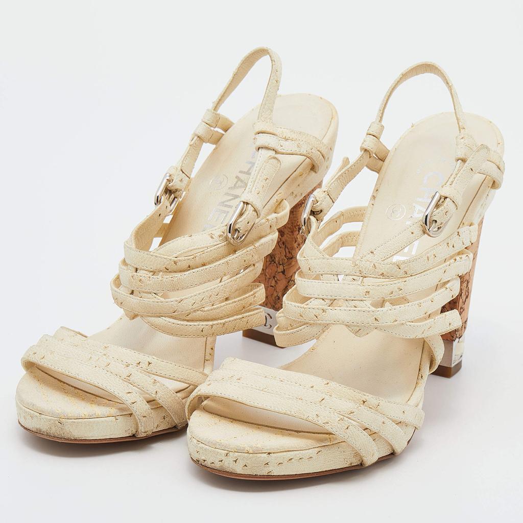 Chanel Chanel Cream Leather Chain Embellished Cork Block Heel Strappy Sandals Size 38.5