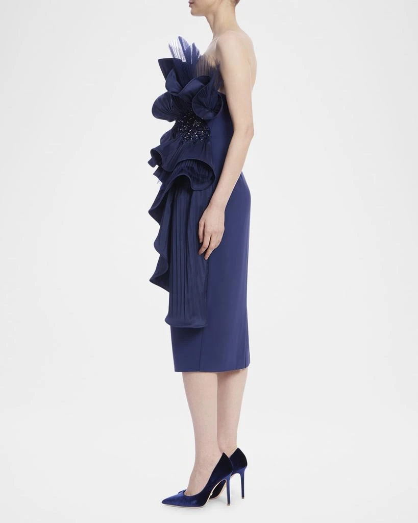Badgley Mischka Strapless Pleated Fan Midi Sheath Dress 4