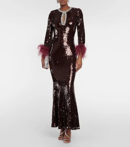 Self Portrait Feather-trimmed sequined maxi dress 2