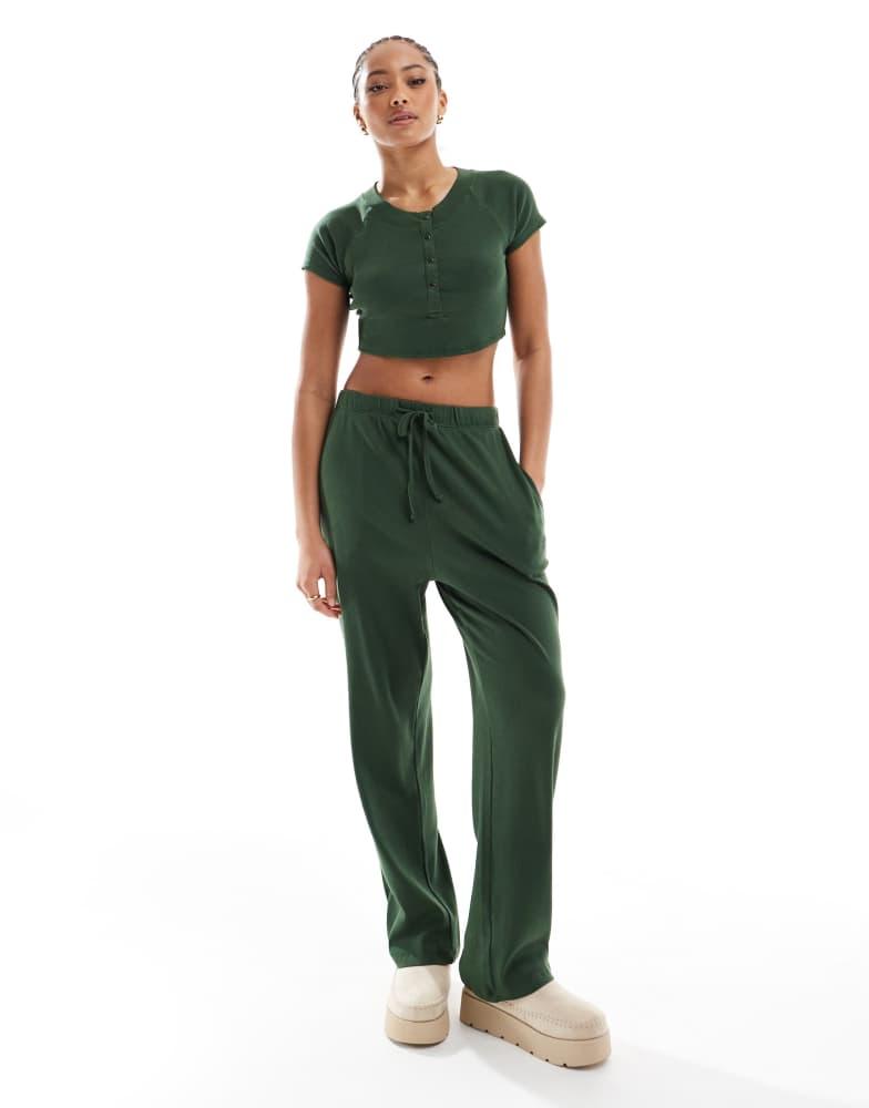 Brave Soul Brave Soul ribbed cropped t-shirt and wide leg trouser lounge set in khaki