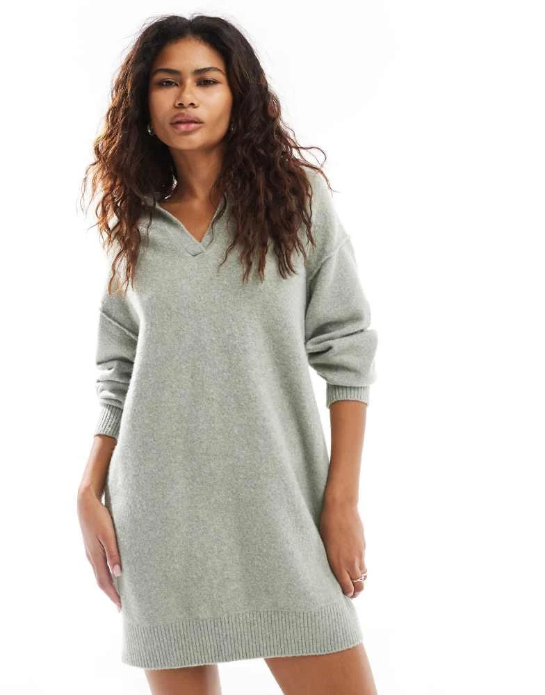 Weekday Weekday Tahlia polo collar knitted mini dress in sage green melange exclusive to ASOS 1