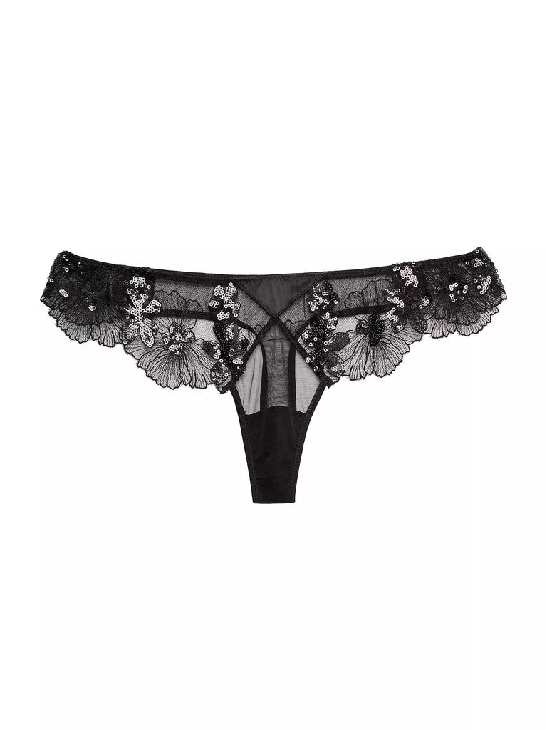 Fleur du Mal Embroidered Sequined Lace Thong