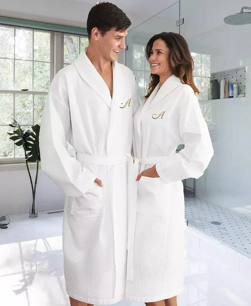 Linum Home Textiles Personalized Unisex Gold Embroidered Turkish Cotton Waffle Weave Bathrobe 2