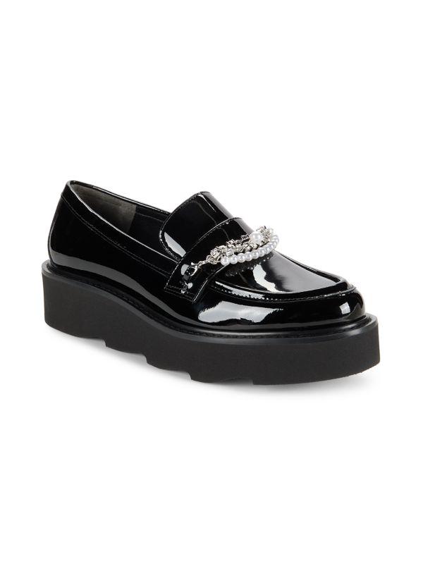 Stuart Weitzman Pearldrop Embellished Patent Leather Platform Loafers