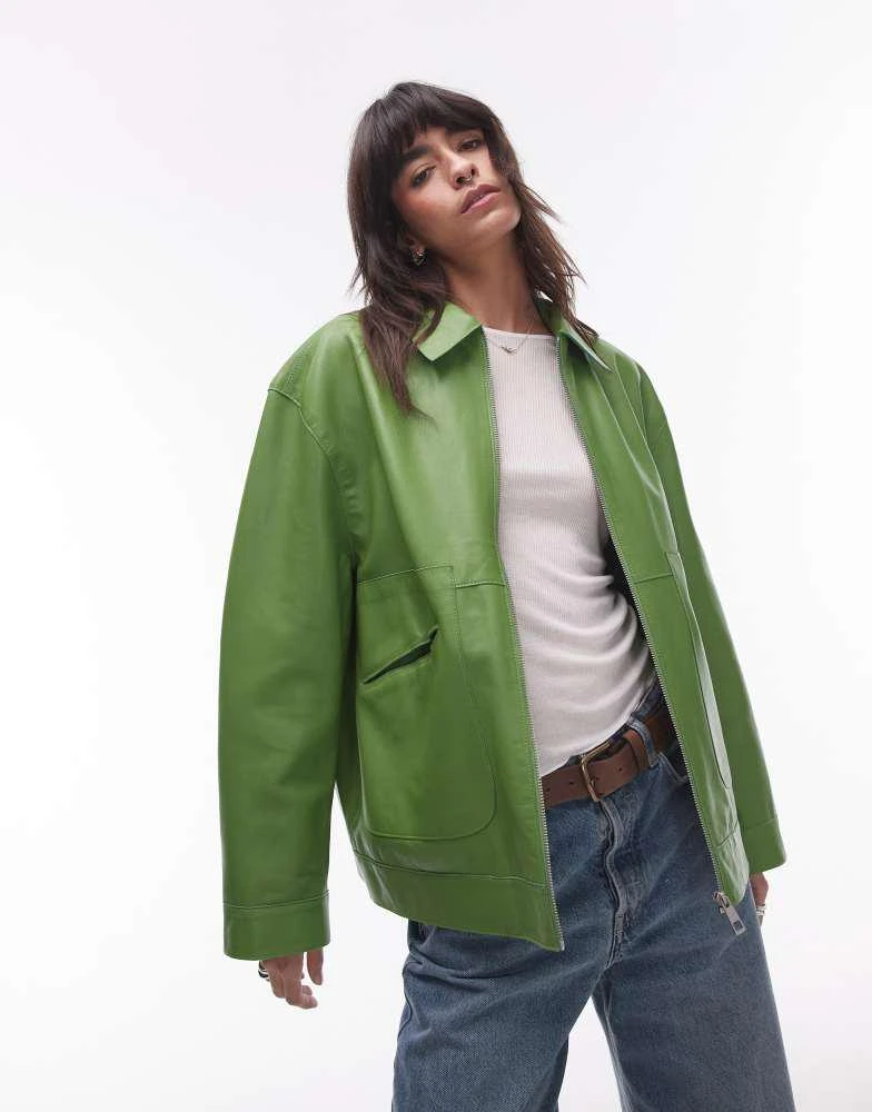 Topshop Topshop premium real leather jacket in green 1