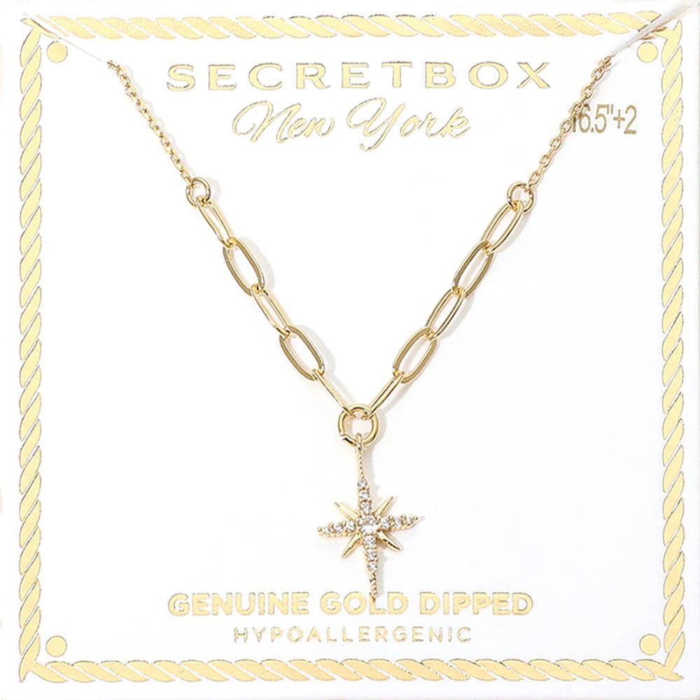 FASHNZFAB SECRET BOX_Genuine Gold Dipped Hypoallergenic Starburst Pendant Half Link Chain Necklace