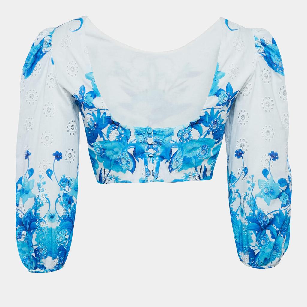 Borgo de Nor Borgo De Nor Blue Floral Print Broderie Anglaise Cotton Rhea Crop Top S