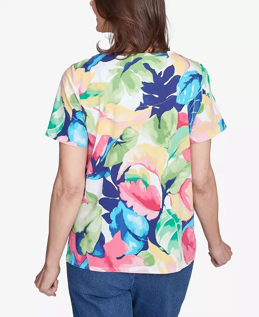 Alfred Dunner Petite  Tropical Leaf Split Beaded Neck Top