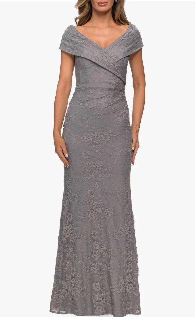 La Femme Lace Off Shoulder Gown In Platinum