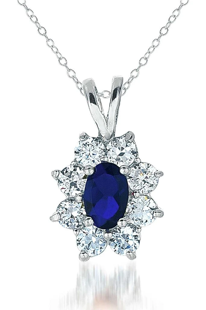 Genevive C.z. Sterling Silver Rhodium Plated Sapphire Flower Shape Drop Pendant