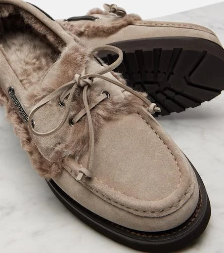 Brunello Cucinelli Monili shearling-trimmed suede boat shoes 5