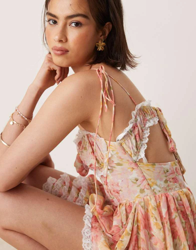 For Love & Lemons Elea lace trim frill mini dress in peach floral-pink