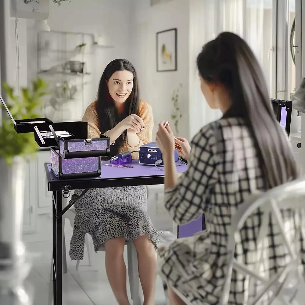 Byootique Portable Rolling Nail Table Kit with Makeup Train Case Aluminum Purple 7
