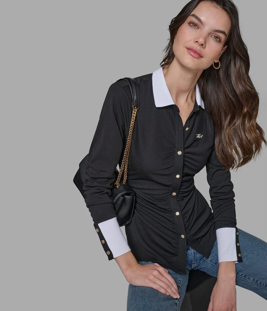 Karl Lagerfeld Paris LONG SLEEVE RUCHED KNIT BUTTON DOWN 7