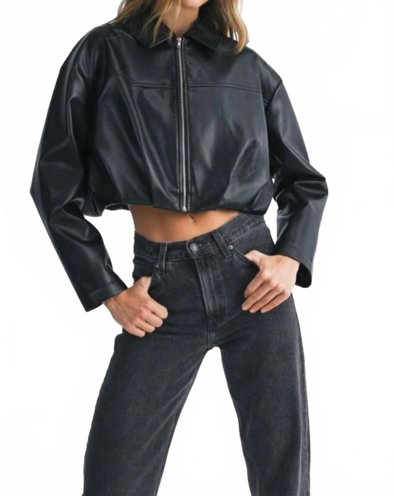 MABLE Faux Leather Pleated Bubble Hem Cropped Jacket In Black