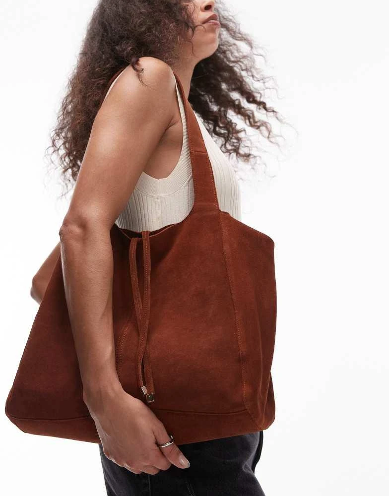 Mango Mango tie detail zip through suede tote bag in burnt orange 1