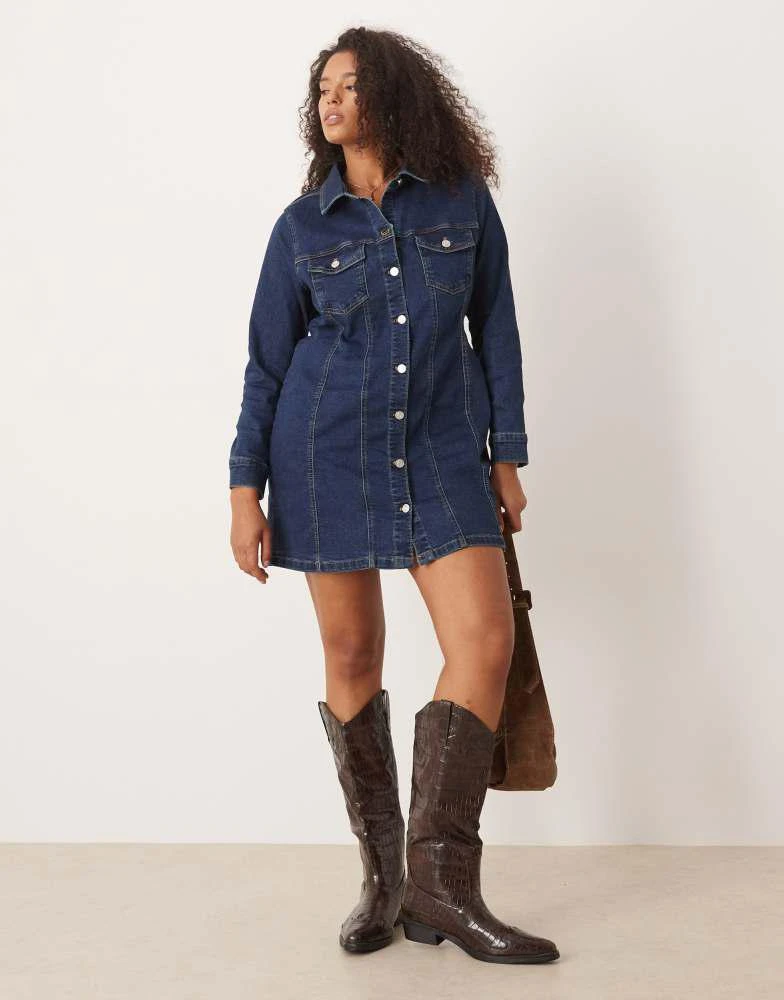 ASOS Design Curve denim long sleeve fitted shirt mini dress in rinse-Navy