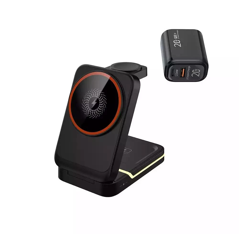 risokeys 3-in-1 Magnetic Wireless Charger with Charging Port - Fast Charging Foldable Stand for Earphones, Watch and Phone