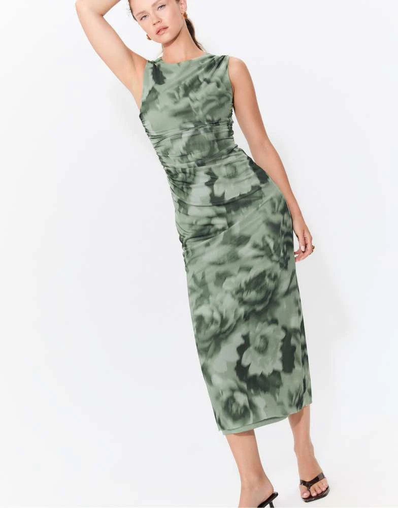 Stradivarius Stradivarius Printed tulle midi dress in khaki 1