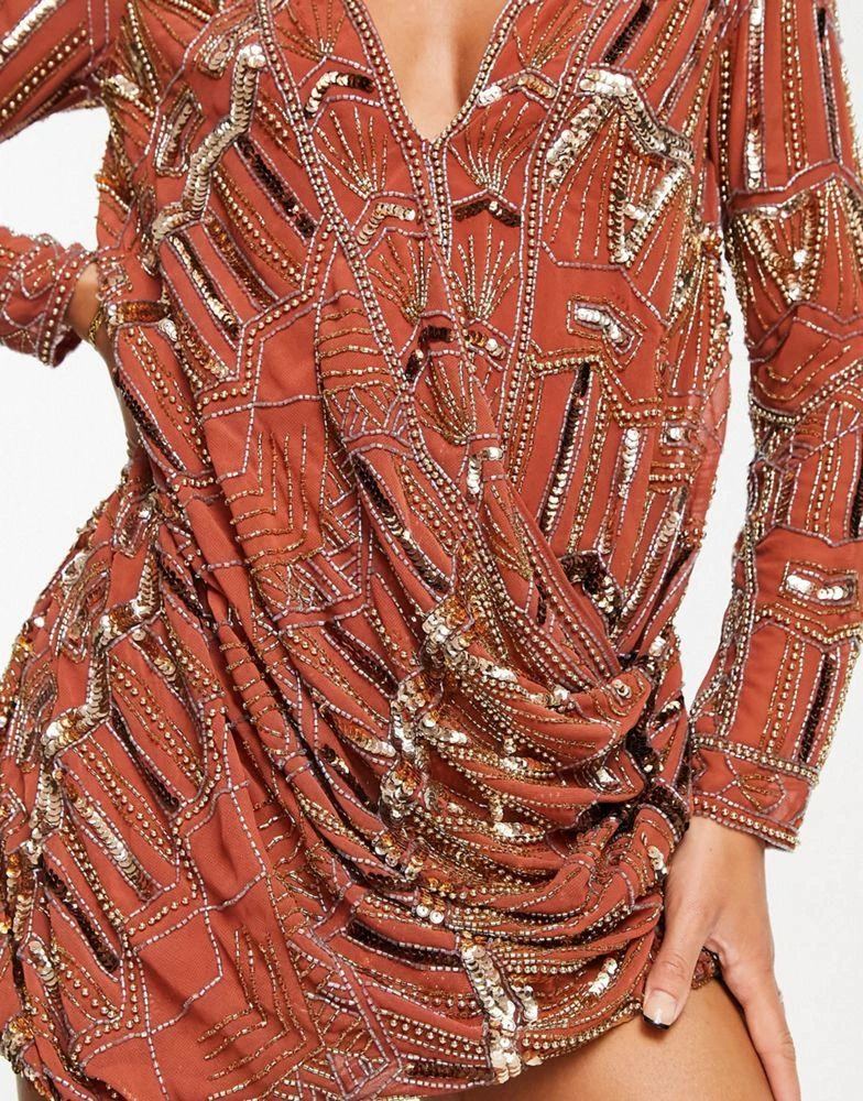 ASOS ASOS DESIGN embellished shift mini dress with drape front detail in rust 4