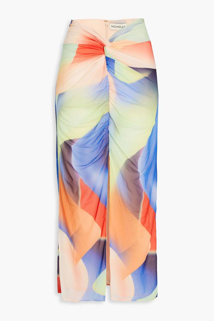 NICHOLAS Printed ruched stretch-mesh midi skirt