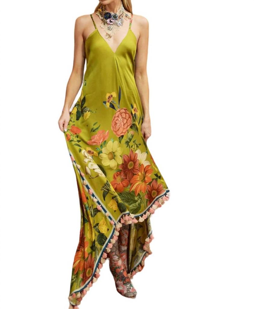 Aratta French Riviera Tasseled Dress In Olive Floral