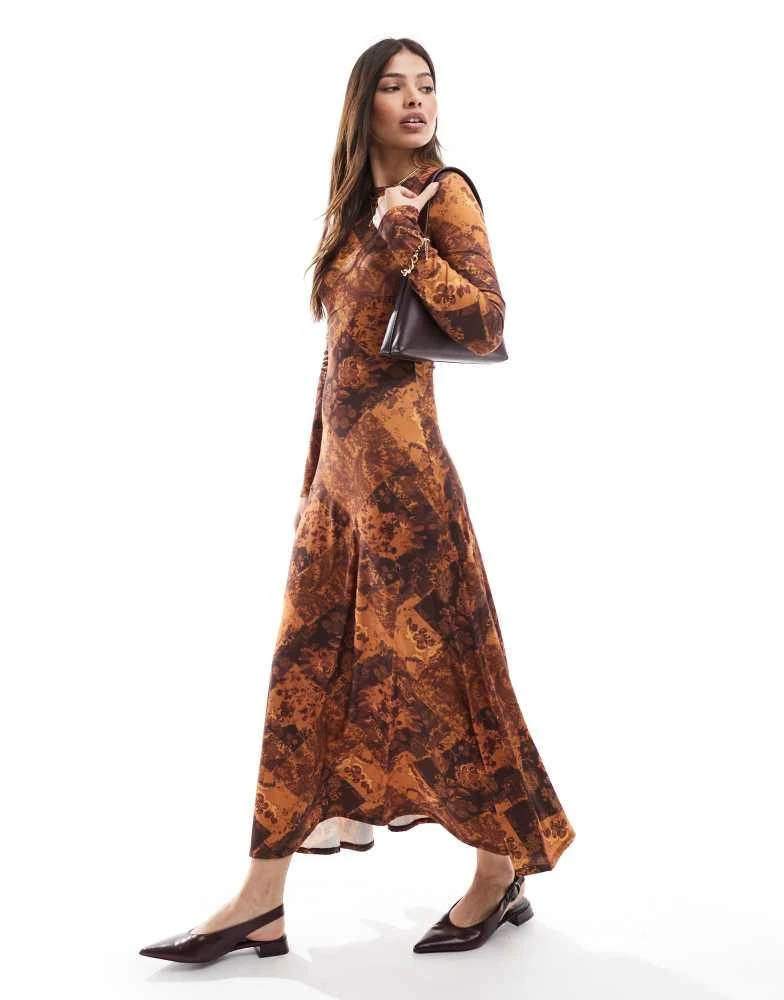 ASOS ASOS DESIGN long sleeve open back seam detail maxi dress in print 1