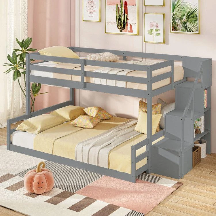 Hivvago Solid Wood Twin Over Full Low Bunk Bed with Storage Stairs-White 9