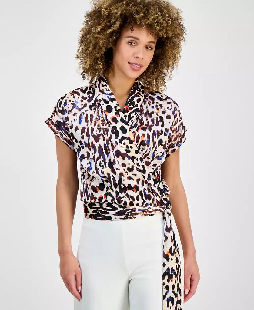Tahari Women's Printed Short-Sleeve Faux-Wrap Top