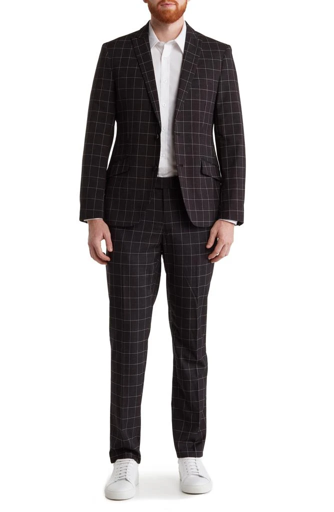 SAVILE ROW CO Black Windowpane Plaid Two Button Peak Lapel Suit 1