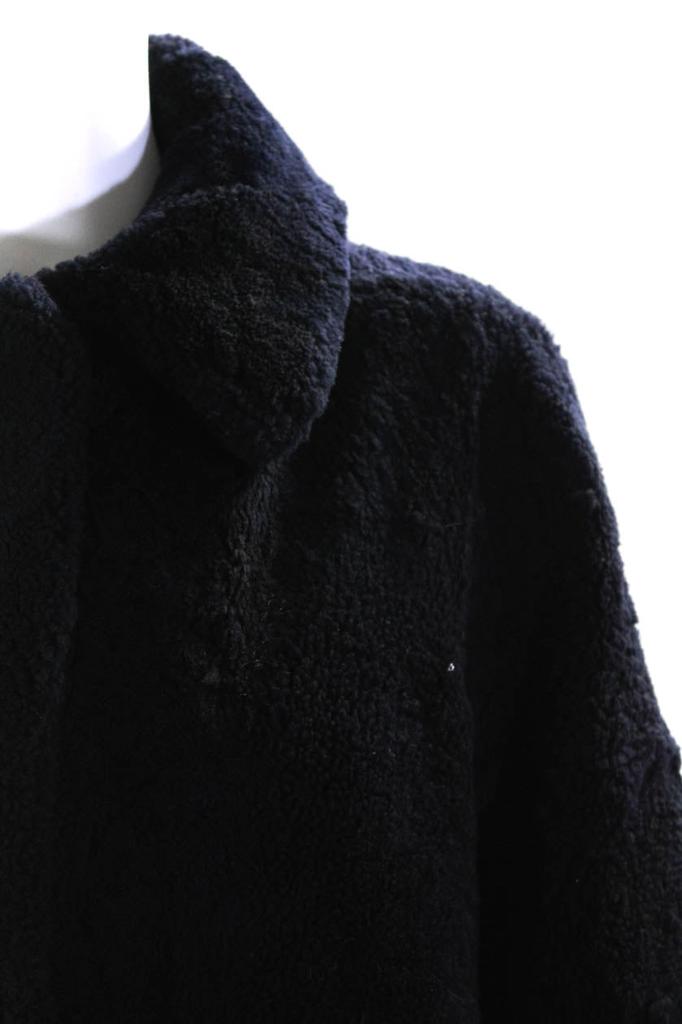Pologeorgis Womens Long Sheep Fur Hook & Eye Coat Navy Blue