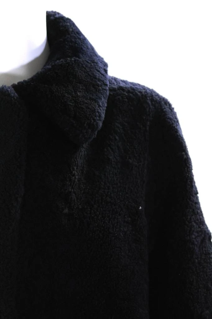 Pologeorgis Womens Long Sheep Fur Hook & Eye Coat Navy Blue 2