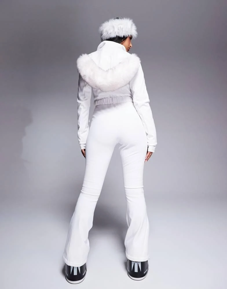 ASOS 4505 Ski belted ski suit with slim kick leg and faux fur hood in white 3
