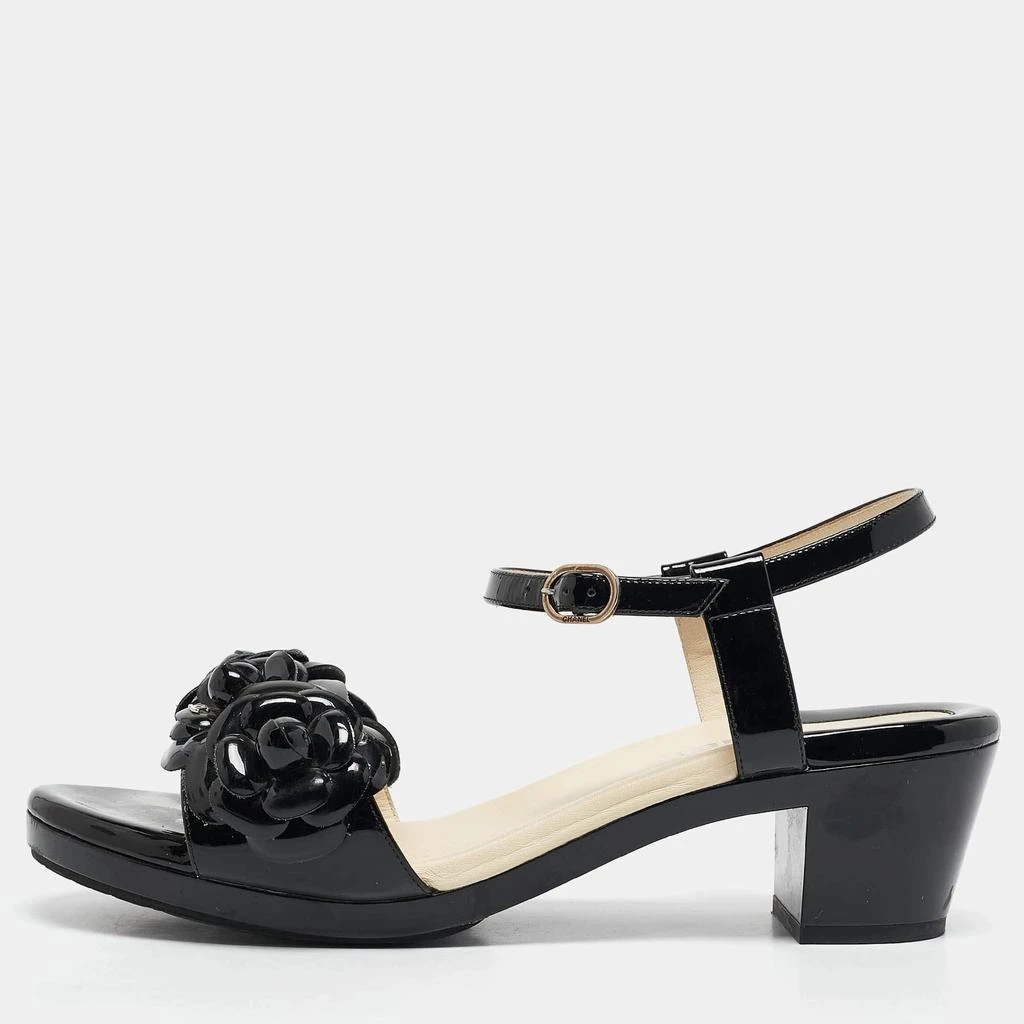Chanel Chanel Black Patent Leather Camellia Accent Ankle Strap Sandals Size 41 1