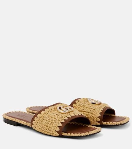 Shop Double G leather and raffia slides on Sale at BeyondStyle