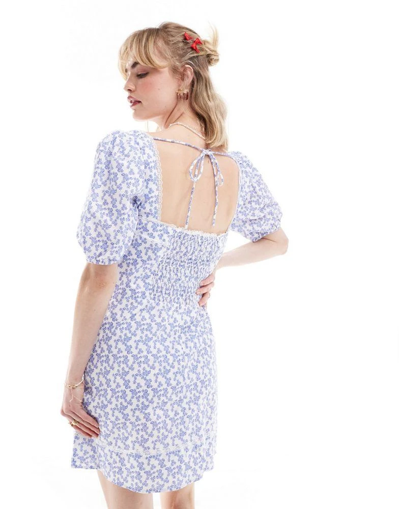 Glamorous Glamorous ditsy print puff sleeve mini dress in blue 1