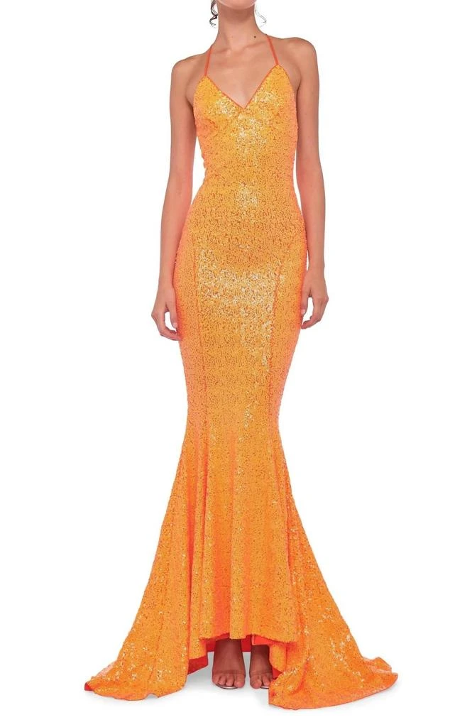 Norma Kamali Sequin Low Back Slip Mermaid Fishtail Gown In Neon Orange