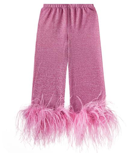 Oséree Kids Lumière Plumage feather-trimmed lamé pants