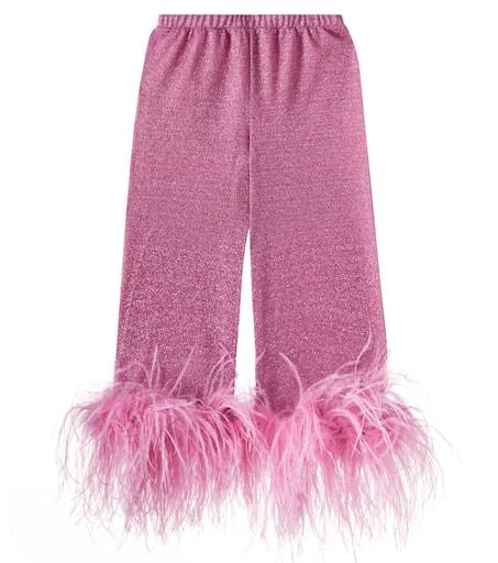 Oséree Kids Lumière Plumage feather-trimmed lamé pants 1