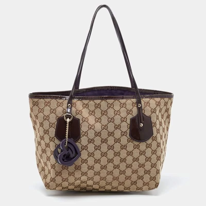 Gucci Gucci Beige/Brown GG Canvas and Patent Leather Small Jolie Web Charms Tote 1