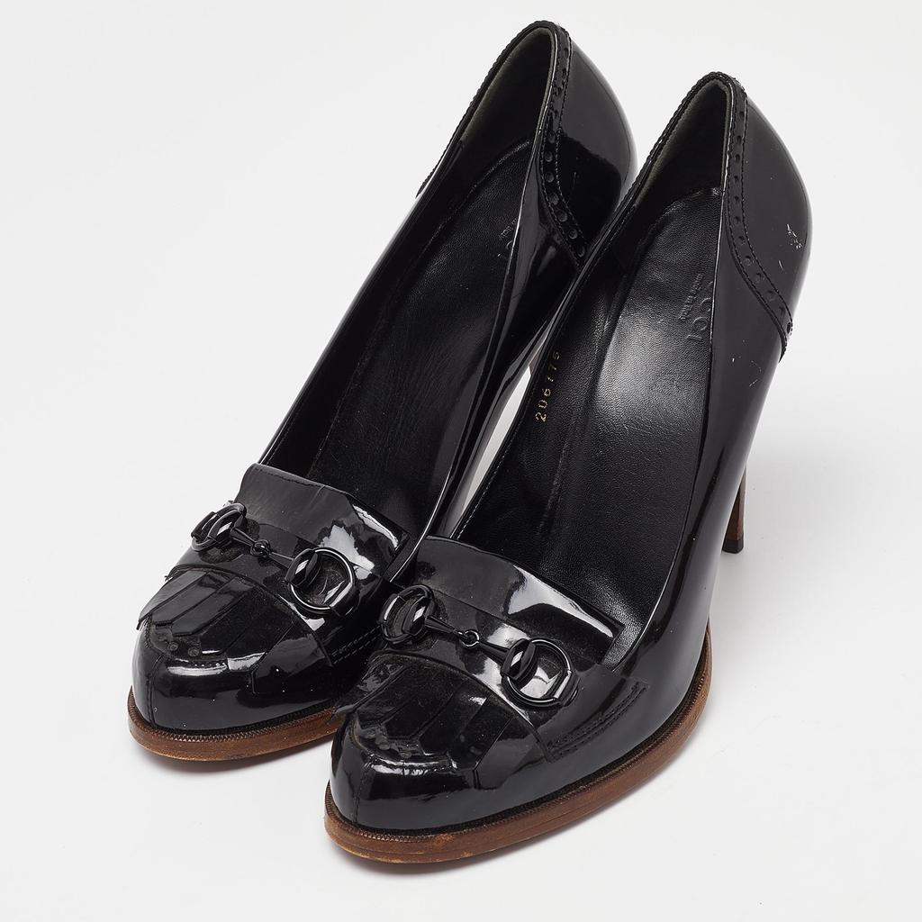Gucci Gucci Black Brogue Patent Leather Horsebit Fringe Detail Loafer Pumps Size 40.5