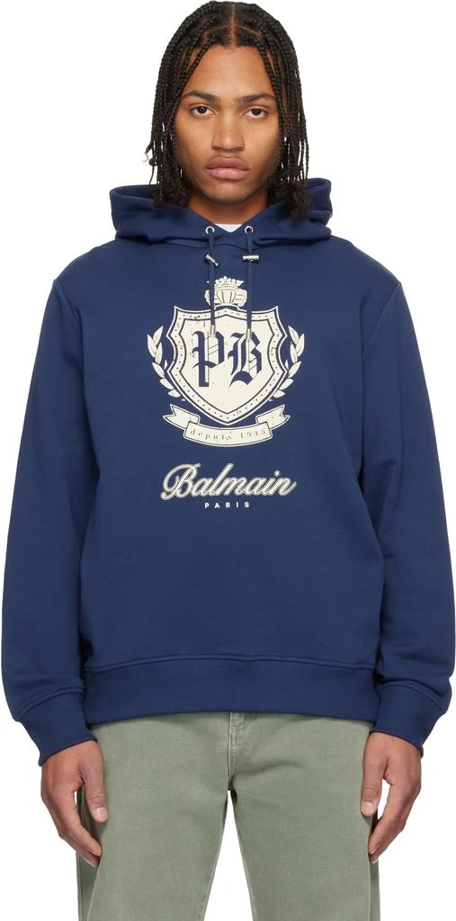 Balmain Blue College Emblem Hoodie 1