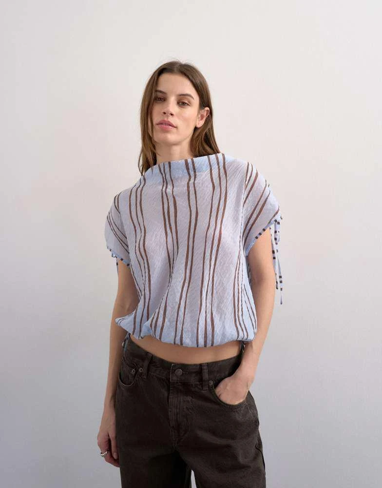 Topshop Topshop draped high neck top with tie in blue stripe