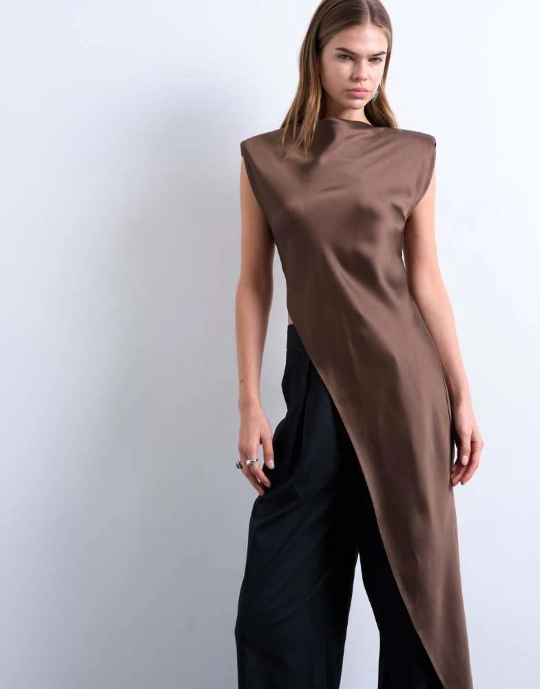 Topshop Topshop satin asymmetric hem tunic top with shoulder pads in  chocolate