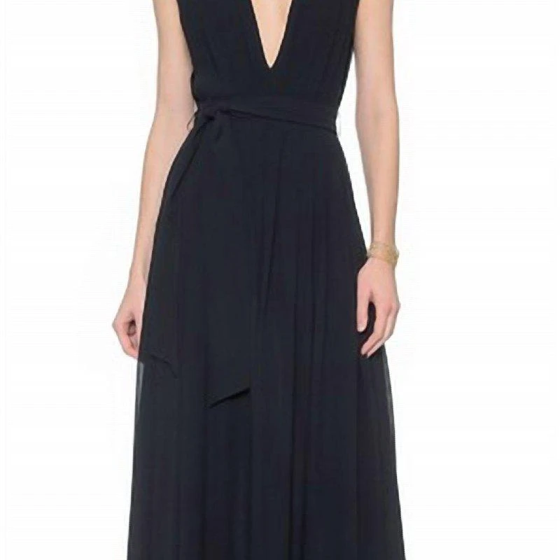 L'Agence Deep V Long Pleated Dress In Black 1