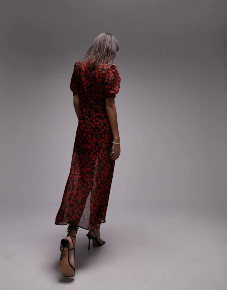 Topshop Topshop puff sleeve bias maxi dress in red print 3