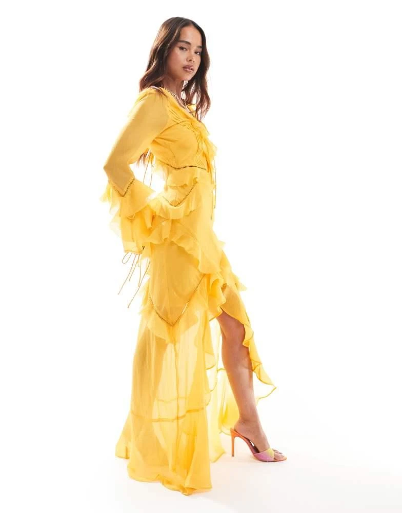 ASOS ASOS DESIGN long sleeve ruffle maxi dress with lace inserts in yellow 1